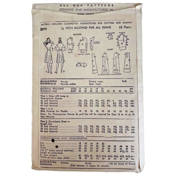 40s Advance Sewing Pattern 2894 Shirtwaist Dress Size 12 Bust 30" Bust Unprinted - Picture 6 of 7